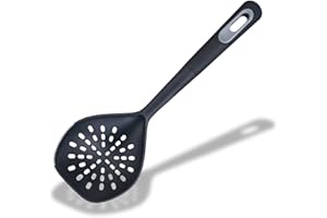 Fackelmann PRO Skimmer, Oil Skimmer & Strainer, Heat-Resistant Plastic Ladle, Colander Straining Spoon, Non-Stick & Anti-Scratch, Deep Fat Frying, Small Holes, 34 cm, Black