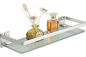 SAYAYO Bathroom Shelf Tempered Glass Shelf Wall Mounted, Brushed Shower Storage with SUS304 Stainless Steel Rail, 38CM Length, EGDL1001-LS
