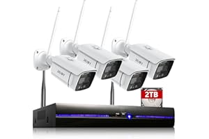 REIGY 5MP Kit Camara de Vigilancia WiFi Exterior con Spotlight y 2TB HDD, Sistema de Seguridad IP Interior 4X 1920P CAM y 8CH NVR, Visión Nocturna,Audio Bidireccional Detección Movimiento