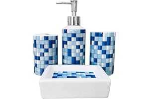 LOHOX Ceramic Bathroom Accessories Set of 4 Pieces Modern Design Bath Set Lotion Bottles,Toothbrush Holder, Tumbler,Soap Dispenser（Blue Mosaic）