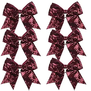 Metallic Sequin and Holographic 8 Inch Cheer Bow Cheerleader Cheerleading Jumbo Cheer Bow Hair Tie(Maroon Sequin)