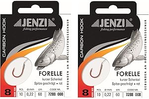 STMK Spar-Set: 2 Packungen JENZI gebundene Forellenhaken (20 Stück) r Mono, 60cm Hakengröße 4, 6, 8, 10 & 12 je nach Auswahl + gratis Petri Heill! Aufkleber