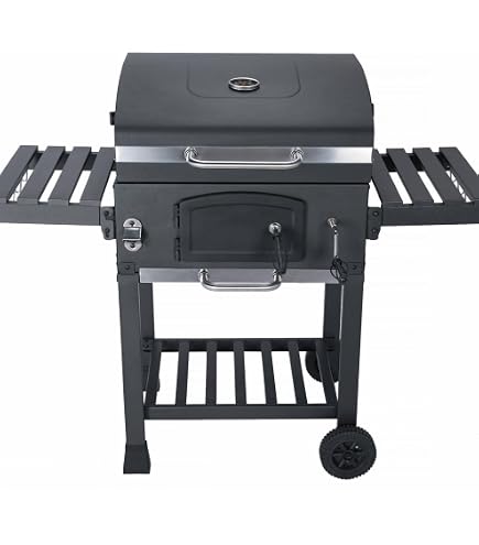 Barbecue Charbon de Bois XXL avec Couvercle, Tables d'Appoint, Roues et