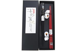 AIYONG Set di Bacchette per Sushi, Simpatico Porta Bacchette per Gatti Fortunati 2 Gatti, Set Regalo di Bacchette Cinesi Giapponesi Premium, Stile Classico Riutilizzabile Bacchette Sushi