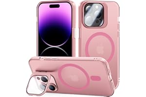 Tigratigro Case with Kickstand, Compatible Mag-Safe with iPhone 15 Pro Max, H9 Tempered Glass Camera Protection, Frosted Translucent Back Cover, Anti-Fingerprint, Velvet Touch(Sakura Pink)