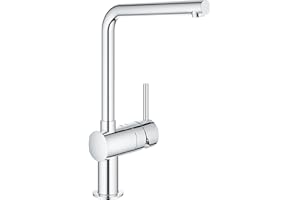 GROHE Minta - Miscelatore per lavello da cucina (installazione monoblocco, bocca a L, angolo di rotazione 0°/150°/360°, cartuccia in ceramica 46 mm, attacchi 3/8 pollici), 332 mm, cromo, 31375000