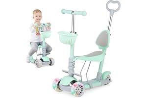 Birtech Kids Kick Scooter 3 Wheels Scooter for Toddler 5 in 1 Scooter for Kids-with Removable Seat and Push Rod, Adjustable Height Kick Scooter for Girls & Boys 2-6 Years Old