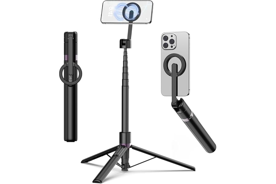 TONEOF 68" Magnetic Selfie Stick Tripod,Strong Magnetic Aluminum Phone Stand&360° Rotatable,Travel Tripod for Magsafe with Metal Ring/Remote/Tripodhead for Selfies/Live/Video Recording-Black