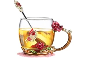 Evecase emaliowana szklana filiżanka do kawy / herbaty z motywem kwiatowym (Butterfly Flower), prezent dla kobiet, spersonalizowany prezent dla mamy, przyjaciółki, na urodziny, Boże Narodzenie, Dzień Matki