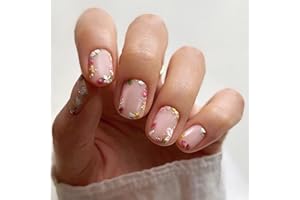 TMUT 24pcs Short Oval False Nails Floral Stick on Nails Nude Pink Press on Nails Removable Glue-on Nails Fake Nails Nail Art Accessories