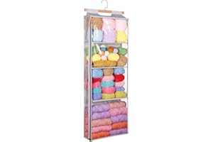 Syeeiex Hanging Yarn Storage Organiser with 4 Large Pockets, Clear Knitting Organiser Storage with Zippers for Crochet Lovers, Yarn Stoarge bag with Over-Door Hooks for Knitting Needles Crochet Hook