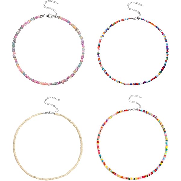 WUSJCOF Boho Halsketten-Set - 4 Bunte Glasperlen-Choker, Verstellbar Für Sommer, Strand & Alltag