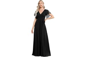 Ever-Pretty Robe pour Mariage Invité Longue Femme Col V Mousseline A Line Manches Courtes Plissé Chic EE0164A