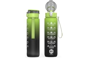 HOMEEX 1L (32oz) Motivational Water Bottle, BPA-free Sports Water Bottle with Time Marker - Quotes - One-Click Technology Ideal for Jogging, Hiking, Office, School, Adults, Children (Green & Black)