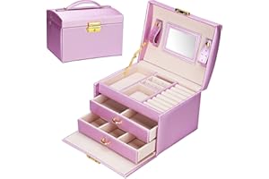 Podazz Caja Joyero de 3 Niveles, Joyeros Mujer Organizador con Asa y Espejo, 2 Cajones Estuche Rectangular para Guardar Joyas, Pendientes, Anillos y Collares, con llaves y cerraduras,Morado