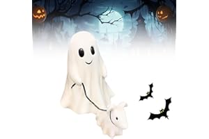Ayizhiniu Estatua del Perro Caminante Fantasma, Halloween Funny Ghost Walking His Ghost Dog, Estatuilla Decoración Perro Camina Pequeño Fantasma Lindo, Adecuado Decoraciones Encantada Halloween (A)