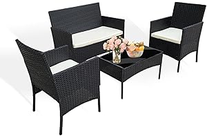 Grennswick 4-Piece Rattan Patio Furniture Set - Outdoor Wicker Sofa & Chairs with Coffee Table, Weather Resistant Garden Conversation Set for Patio, Backyard, or Poolside​ (Black + Beige Cushions)