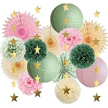 15 Pièces Décorations Fête En Papier – Lanternes, Fleurs, éventails Vert Sauge Et Rose Poudré Pour Mariage, Baby Shower - 12