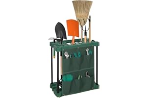 HOMION 2 Tier Garden Tool Holder Heavy Duty Garden Tools Storage Multi Tool Portable Organiser Tidy with Wheels for Sheds Garages & Outdoors Caddy Freestanding Holder for Rakes Shovels Brooms 61 x 58 x 31cm