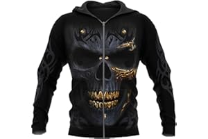 TUSHJA HUIPYOU Sweat à Capuche Noir avec tête de Mort 3D pour Homme et Femme Harajuku décontracté à Fermeture éclair