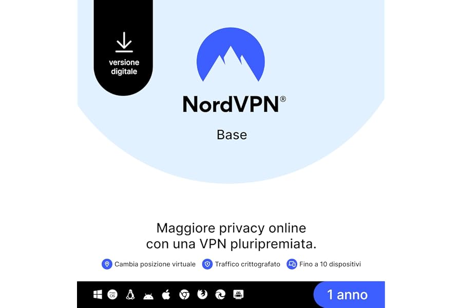 NordVPN Base, 10 Dispositivi, 1-Anno, Software VPN Premium, Codice Digitale