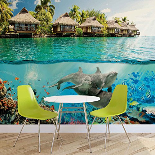 Insel Paradies Ozean Delfine Fische- Forwall - Fototapete - Tapete - Fotomural - Mural Wandbild - (3193WM) - XL - 208cm x 146cm - VLIES (EasyInstall) - 2 Pieces
