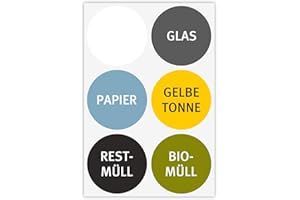 younikat 6 bunte Mülleimer-Aufkleber zur Mülltrennung I Sticker-Set rund für Alt-Glas Papier gelbe Tonne Restmüll Biomüll und blanko Etikett I hin304