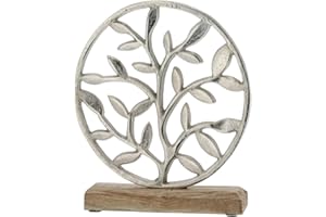 ‎BADA BING Bada Bing Lebensbaum Kreis rund auf Holzsockel Metall Aluminium Silber Mango Holz Mangoholz Stammbaum Baum des Lebens Geldbaum Dekobaum Schmuckständer Geschenk Mama Frau Hochzeit Deko 82