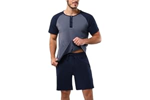 Aseniza Pigiami Uomo Estivi in Cotone Pigiama Uomo Maniche Corte Pigiami Due Pezzi da Uomo Completino per Casa