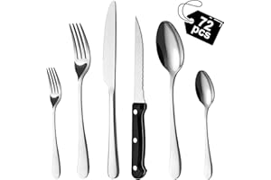 BEWOS set posate da 72 pezzi con coltelli da bistecca per 12 person, posate in acciaio inox per la cucina, set di coltelli, cucchiai, forchette con lucidatura a specchio, lavabili in lavastoviglie