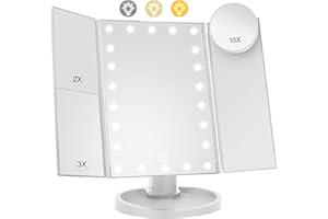 HIYAA Lighted Makeup Mirror with 22 LED Lights, Dual Power Supply 1x/2x/3x/10x Magnifying Touch Screen Dimmable Mirror, 180 Degree Adjustable Angle, Travel Cosmetic Mirror - White