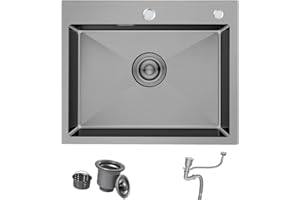 Bokaiya Black Small Kitchen Sink, Stainless Steel Kitchen Sink 55 x 45 cm, Drop in Topmount Single Bowl with 2 Tap Holes, Basket Strainer Waste and Overflow Kit, 1 Bowl, Rectangular