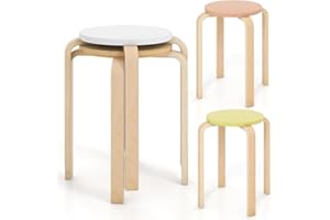 TANGZON 4PCS Stacking Stools, Solid Wood Round Bar Stool with Non-Slip Mats, Upholstered Breakfast Dining Seats for Home Kitchen Office & Classroom (without Padded Seat, Multicolor)