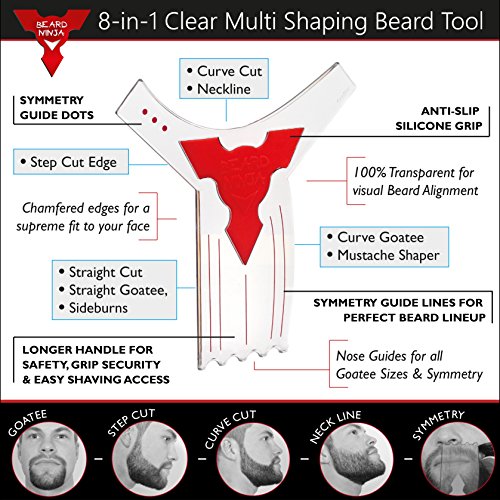 Der BEARD NINJA – Bart Schablone | Bart Gestaltung Werkzeug | Styling Vorlage. Bartformer stylen schablone für perfekte symmetrie. Trimmed und stylen symetrischer Bartform. TRANSPARENTE Styler + ANTI-RUTSCH GRIFF. Kurven-/Stufen-/gerader Schnitt, Spitzbart und perfekte Nackenlinie - 3