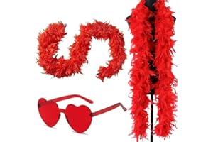 FISAPBXC Modischer Federboa für Damen, Flauschige Feder Boa Pute Federn Schal für Damen Kostüm Requisiten mit Rot Randlosen Herzbrille Für Cosplay, Karneval Party,Bühnenshows, Kostüm Party(200cm,Rot)