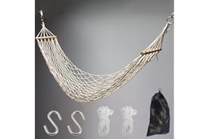 CDJX Hamaca de cuerda de algodón, hamaca colgante de red para interiores y exteriores, hamaca de malla para una sola persona, columpio con palo de madera, paquete con 2 ganchos en S + 2 cuerdas