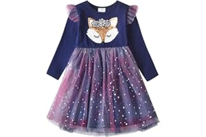 VIKITA Vestido Invierno Manga Larga Tul Algodón Bordado Unicornio para Niñas 2-8 Años