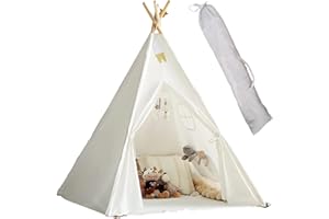 Lifemaison Teepee Tent for Kids Indoor Tents with Bag and Coloured Flags,Canvas Tipi Tent for Girls Boys,Indoor and Outdoor Pyramid Teepee tent,Wigwam Tipi Play House