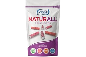 Vidal Golosinas. Naturall Fruit Bites. Regaliz relleno pica, vegano, con zumo y sin gluten. Con colorantes y aromas naturales y trocitos de frutas. Sabor frambuesa, grosella y fresa. Doypack 180 g.