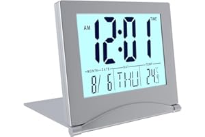 ‎MMOBIEL MMOBIEL Cyfrowy Zegar LCD Składany z Podświetleniem - Cyfrowy Zegar ze Wskazaniem Dnia, Daty i Temperatury - Cyfrowy Budzik na Stół - Zegar Biurkowy Zasilany Bateriami - Srebro