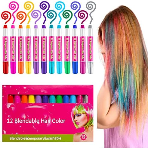 Temporary Hair Chalk Set, 12 Colorful Hair Chalk Pens, Temporary Non-Toxic Portable Hair Coloring Chalk for Girls, Great Gifts for Girls Party Cosplay