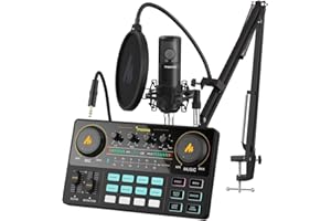 Maono Interfaz Audio con Mesa de Mezclas, Mezclador DJ Maonocaster Todo en Uno Podcast Studio kit con Micrófono de Diafragma 
