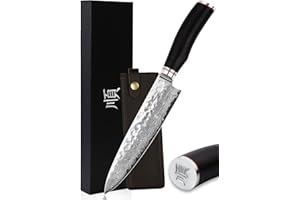 YOUSUNLONG Couteaux de chef Gyuto 8 pouces japonais martelé en acier damas manche en bois de plomb naturel avec étui en cuir