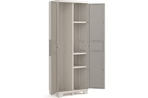 ‎KETER Keter Wood Grain Kunststoffschrank, Besenschrank, Mehrzweckschrank, beige, 68 x 39 x 182 cm, inklusive 3 verstellbaren Regalböden, für drinnen und draußen geeignet, uv-beständig