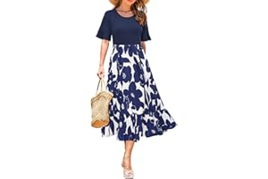 STYLEWORD Women Summer Dress Floral Short Sleeve Ladies Casual Swing Midi Dress with Pockets
