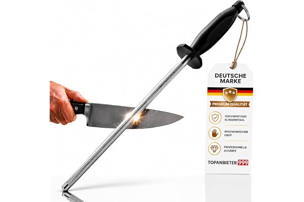 Slipstål professionell 39 cm knivslipare slipstång rostfritt stål | XXL 26 cm slipyta, rostfritt stål, halkfritt mjukt handtag med fingerskydd, knivslip med ögla