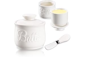 FARNIRVANA Beurrier à Eau, Beurrier Français en Céramique avec Couvercle et Couteau à Beurre, Cloche à Beurre Refroidi pour Beurre Frais et Tartinable, Design Vintage