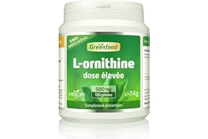 Greenfood L-ornithine, 500 mg, dose élevée, 120 gélules - acide aminé important. Produit par fermentation naturelle. SANS additifs artificiels, sans organisme génétiquement modifié. Vegan