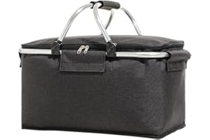 CHEULING Large Size Insulated Picnic Basket Foldable Cooler Bag Strong Aluminum Frame Waterproof Lining Cooler Box for Outdoor Picnic Camping Hiking Beach Lake Trips Family Vacations 42x23x23cm (Black)