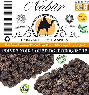 Nabür ⭐Poivre Noir de Madagascar 205 Gr - Gourmet par Nabür - Riche, Cultivé loin des monocultures intensives ❤️ Sachet Zip avec Fenêtre Refermable (205)